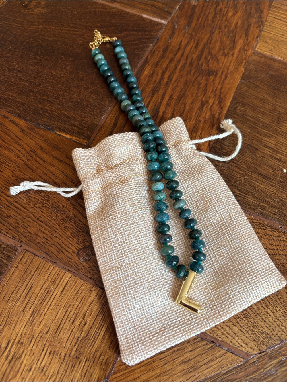 Green Beaded Necklace with Gold Accent